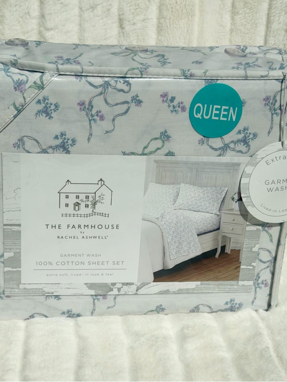 Farmhouse Rachel Ashwell QUEEN Sheet Set Ditsy Floral Ribbon Bows Cotton Bedding